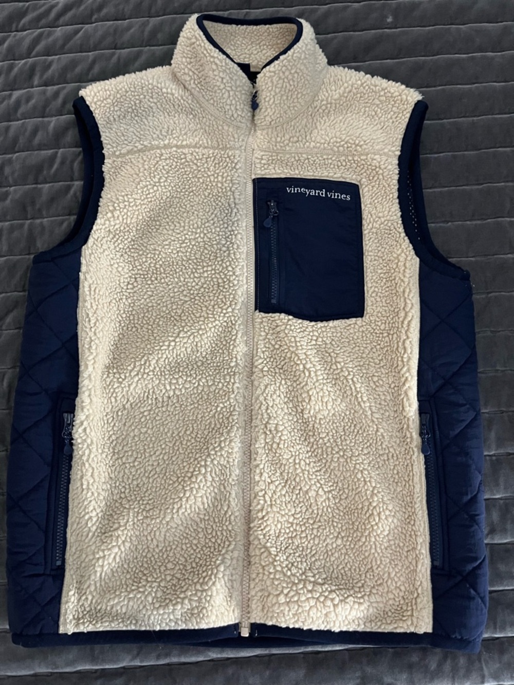 Vineyard Vines Cream Sherpa Vest with Navy Pocket